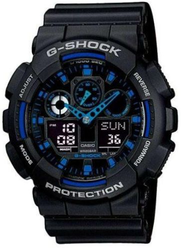 CASIO G-Shock GA-100-1A2 Armbanduhr - Designmerkmale: integrierte Hintergrundbeleuchtung, Blatttasten, Touchscreen-Display