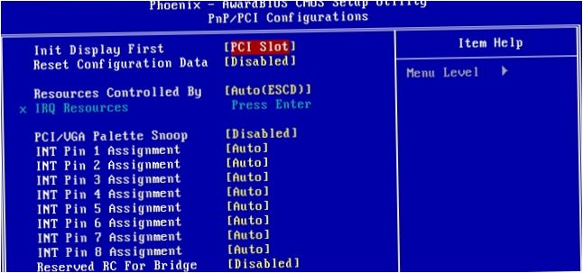 Init Display First mit Int, PCI Optionen