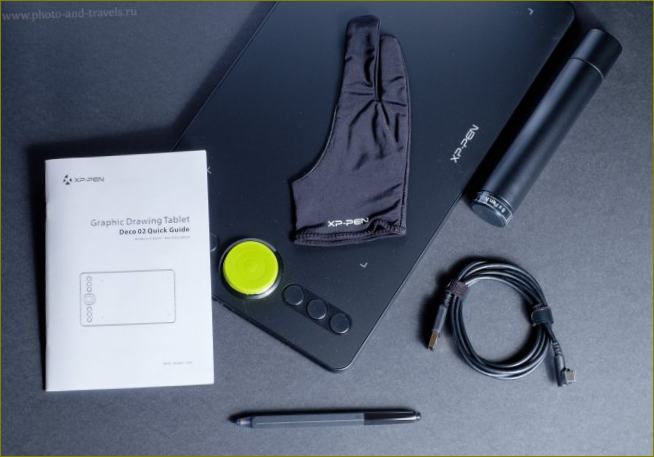 Bild 2. Was ist in der Verpackung des XP-PEN Deco 02 Tablets enthalten? Gebrauchsanweisung, Handschuh, Etui für Stift und Ersatzfedern, USB-Kabel und Eingabestift